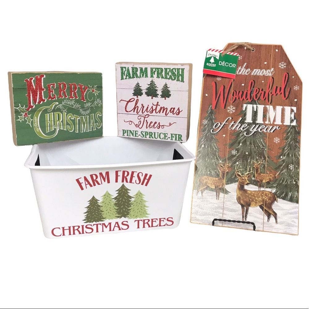 Lot-4 Christmas Hanging Wall Signs Bundle Farm Fresh Tress‎ Home Decor Container